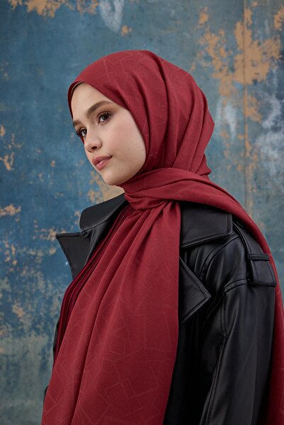 İpekhan Red Square Patterned Cotton Jacquard Shawl - 8012-15