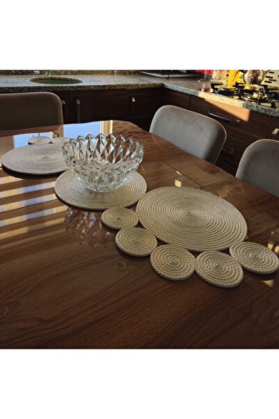 LinaHouse سجادة من الجوت المحبوكة يدويًا - بيج |   ديكور طاولة بوهيمي وريفي