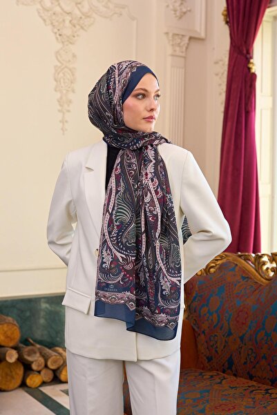 İpekhan Шовковий шаль з візерунком у темно-синьому та бордовому кольорах - 9804-09