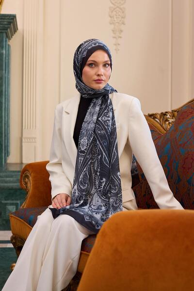 İpekhan Şal din voile cu model de mătase alb-negru - 9804-16