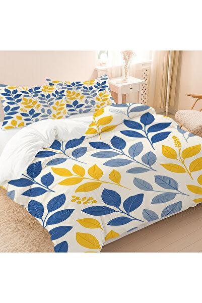 Else Dekor Комплект двойно спално бельо от памучен сатен с жълт и тъмносин флорален мотив, 200x220 см