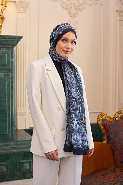 İpekhan Black and White Silk Patterned Voile Shawl - 9804-16