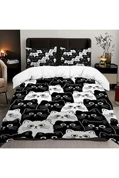 Else Halı Siyah Beyaz Kediler Desenli Pamuk Saten Çift Kişilik Nevresim Takımı 200x220cm