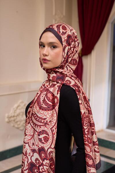 İpekhan Cream Red Patterned Silk Voile Shawl - 9803-10