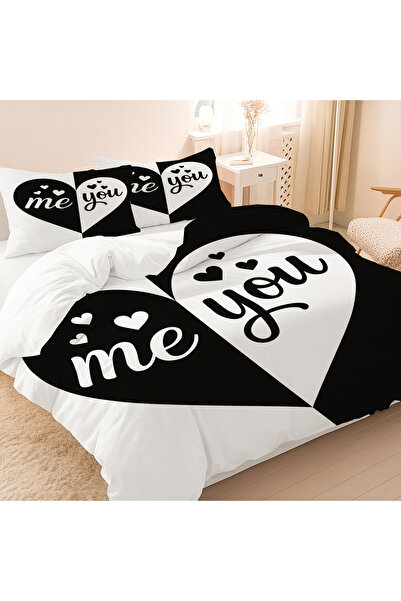 Else Dekor Комплект спално бельо от памучен сатен с черно-бял сърцевиден мотив, 200x220 см