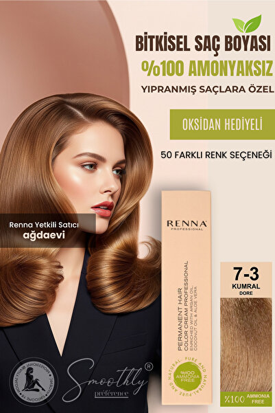Renna AMONYAKSIZ Bitkisel Yıpranmış Saçlar İçin Saç Boyası 7-3 Kumral Dore 60ml