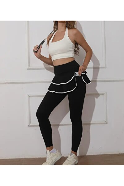 MAROVOAY Sports Skirt with White Piping Detail at the Hem and Leggings Underneath