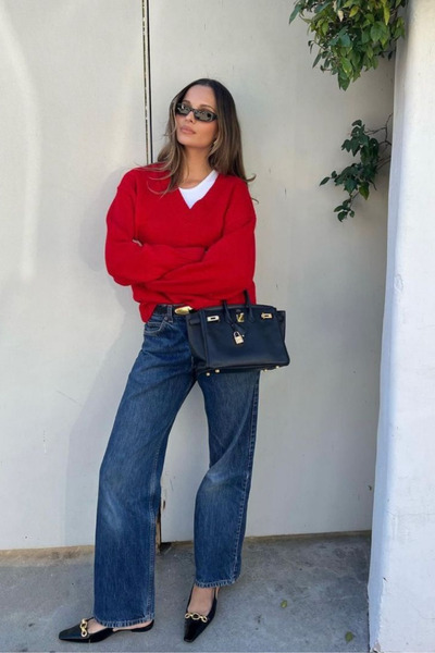 thesunfyre KADIN V Yaka Uzun Kollu Yumuşak Dokulu Oversize Triko Kazak