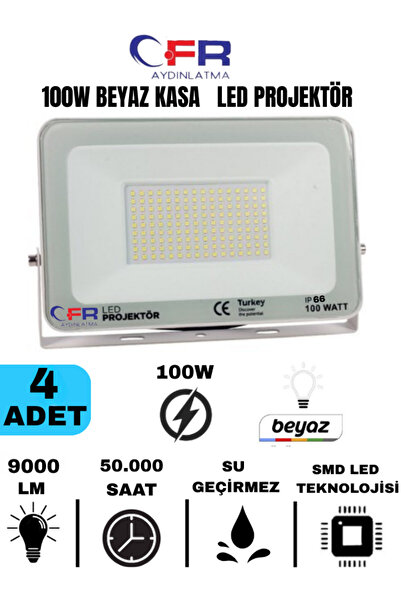 CFR LED AYDINLATMA 100W 9.000 Lümen 6500k Beyaz Işık Beyaz Kasa Led Projektör 1,2,3,4,5,6,8,10-ADET
