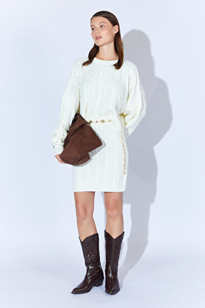 Manche Örgülü Triko Etek-Kazak Kadın Takım - Kemik | MKW185256-01