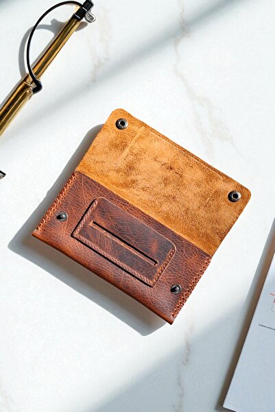 MAT Deri Taba Kahve Tütün Kesesi Cüzdan Tütün Çantası Hakiki Deri 17 x 8.5 cm Özel Dikişli Tütünlük