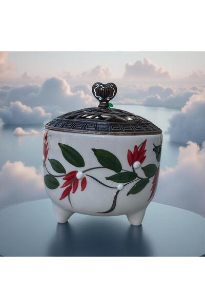 İlbay Çini Takı Ayşen Sugar Bowl with Ceramic Metal Lid Red Grape Vine