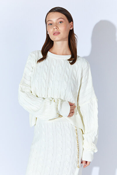 Manche Örgülü Triko Etek-Kazak Kadın Takım - Kemik | MKW185256-01