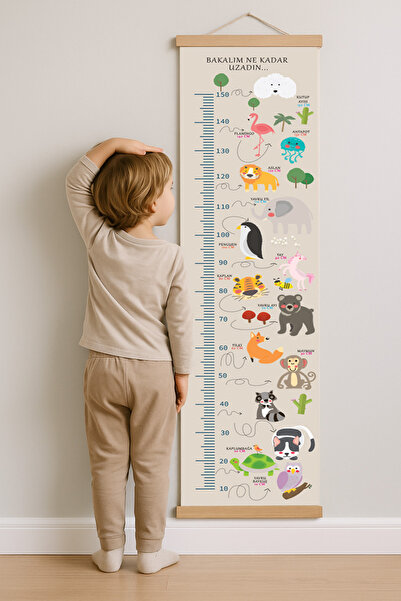 Dekor Paleti Hayvanlı Kanvas Boy Ölçer Cetvel – Ahşap Çıtalı, Asmaya Hazır (10–150 cm)