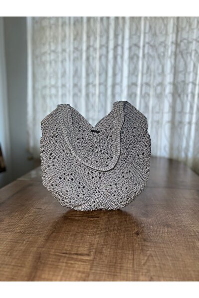 RELYA Women's Silver Motif Strap Glitter Hand-Knitted Shoulder Bag Width 31 cm Length 28 cm Depth 2 cm