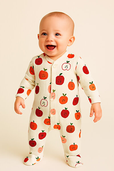 Nayinom Baby Girl Baby Boy Newborn Cotton 0-6 Months Apple Patterned Baby Romper with Booties