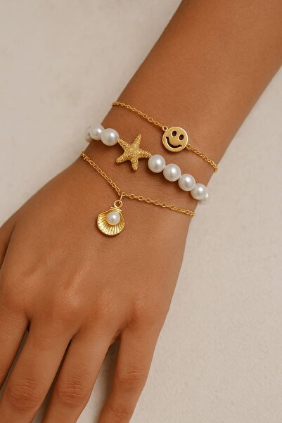 monalisatoka Kadın Gold Deniz Yıldızlı İnci Midyeli 3’Lü Bileklik Kombin Seti