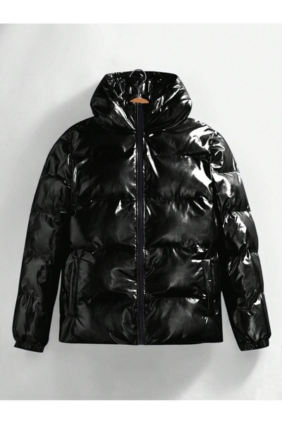 TREND KOMBİN Men's Black Waterproof and Windproof Shiny Puffer Jacket