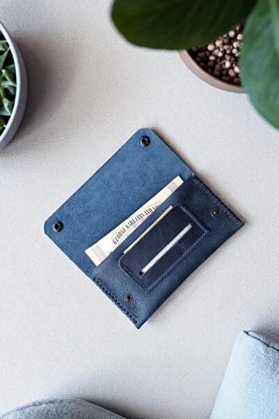 MAT Deri Mavi Tütün Kesesi Cüzdan Tütün Çantası Hakiki Deri Tütünlük 17 x 8.5 cm