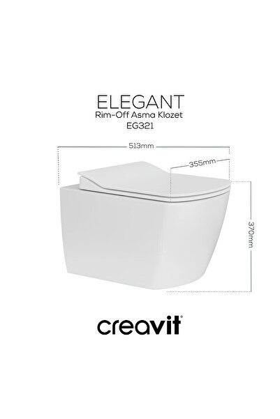Creavit Elegant Beyaz Kanalsız Asma Klozet EG321, Elegant Duroplast Yavaş Kapak