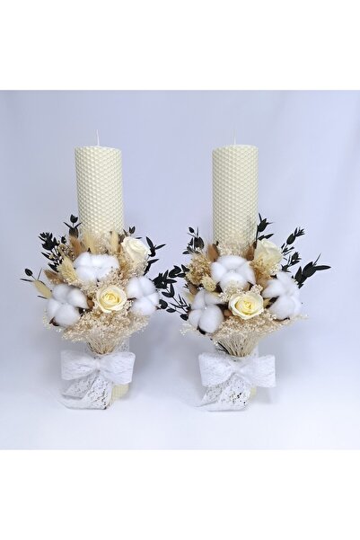 OEM Set lumânări pentru nuntă realizate din ceară, decorate cu trandafiri conservați si flori de bumbac