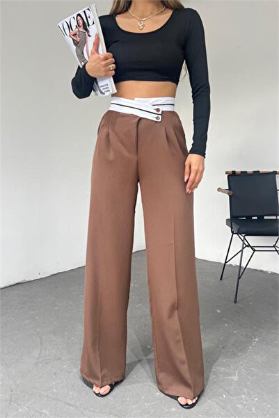 FashionForYou Renato elegant trousers, loose fit and asymmetrical closure, Brown