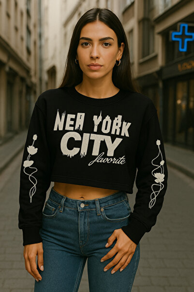UNIQUE DESIGN Hanorac crop pentru femei cu imprimeu New York