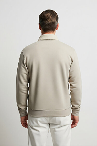 COMBİNE MİCHAİL Men's Basic Cream Half Zipper Sweatshirt