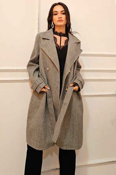 FashionForYou TAYA women's coat with gold buttons and drawstring, Gray