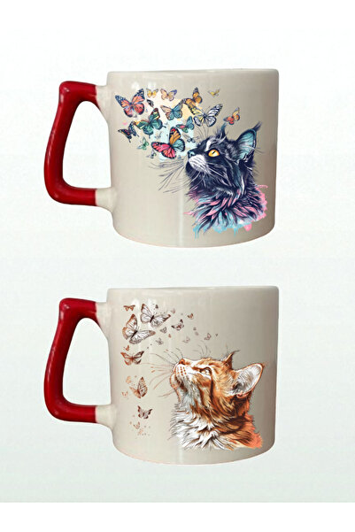 lili hediyelik Cat Butterfly 2-Piece Mug - New Year's Gift for Men, Men's Valentine's Day Gift, Best Gifts