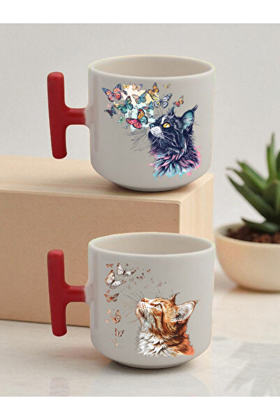 lili hediyelik Butterfly and Cat 2-Piece Latte Cup - Gift Package Product, Birthday Gift for Mothers