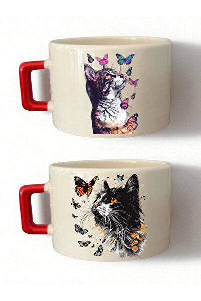 lili hediyelik Cat Butterfly 2-Piece Cup Set - New Year's Gift for a Friend, Gift for a Lawyer, Gifts to Give to Mothers