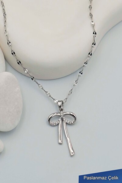 TREND COLLECTİON Kadın Paslanmaz Çelik Gümüş Zincir Fiyonk Kolye