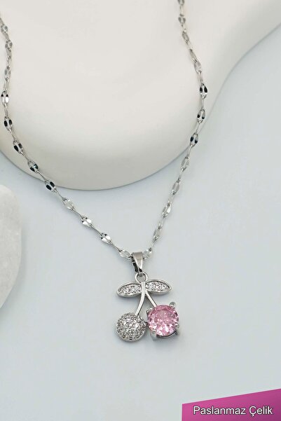 TREND COLLECTİON Kadın Paslanmaz Çelik Gümüş Zincir Kiraz Kolye