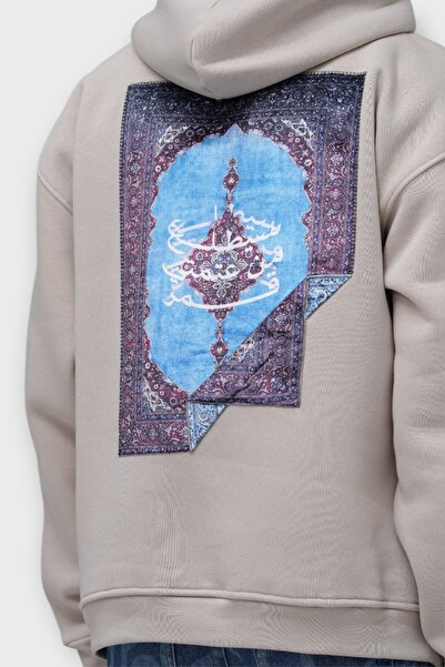 Saw Urbanity Oversize Hoodie with Carpet Motif - Stone