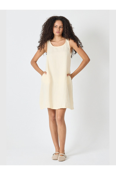 MODA Women's Muslin Linen Sleeveless Above-Knee Dress with Side Pockets Comfo...