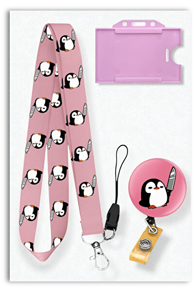 Mia Aurora Pembe Bıçaklı Penguen Desenli Yoyo Yatay Kartlık Boyun Askı İpi Se...