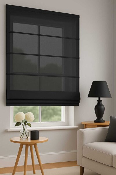 perastore Katlamalı Fon Perde – Siyah Keten Tül, Modern ve Şık Tasarım