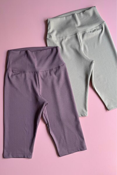 Elosia Ribana, 2-Pack Camisole Fabric High Waist Recovery Dusty Rose and Cream Color Women's Sports Leggings