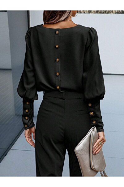 JANES Γυναικεία μακρυμάνικη μπλούζα με στρογγυλή λαιμόκοψη με κουμπιά εισαγόμενη από κρεπ