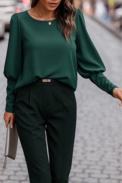 JANES Dámská krepová halenka s dlouhým rukávem a kulatým výstřihem na knoflíky