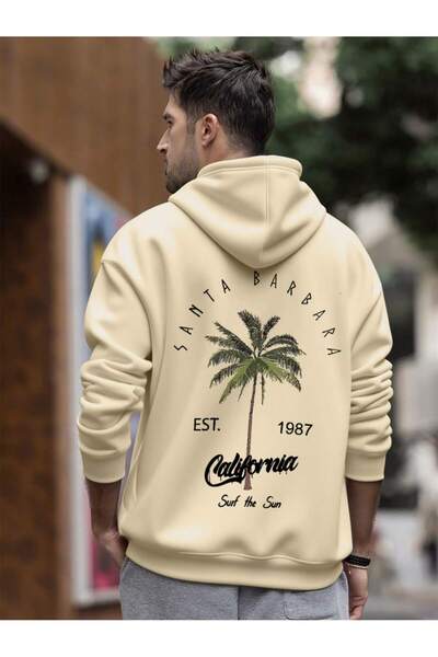 ModaQamar Santa Barbara Printed Oversize Kangaroo Pocket Hooded Sweatshirt Hoodie