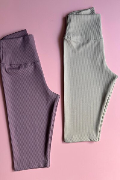 Elosia Ribana, 2-Pack Camisole Fabric High Waist Recovery Dusty Rose and Cream Color Women's Sports Leggings