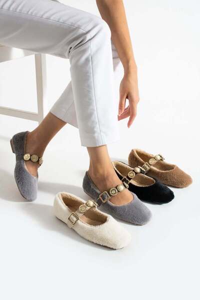 Behtah Kundura Women's Winter Stoned Buckle Plush Wool Home Ballerina Dowry Bundle Fluffy Indoor Outdoor Ballerina