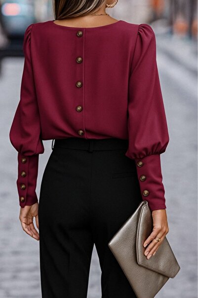 buğrahayalin Women's Long Sleeve Round Neck Buttoned Imported Crepe Blouse