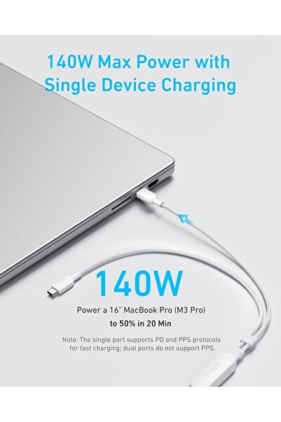 Anker كابل 2 في 1 USB C إلى USB C مضفر بطول 4 أقدام وشحن سريع بقوة 140 وات لهاتف iPhone 16