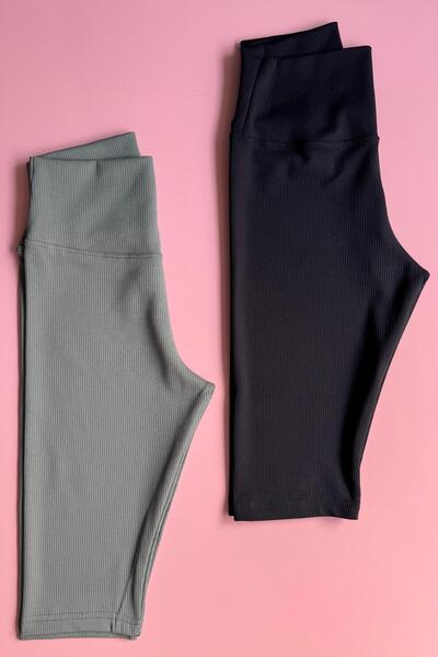 Elosia Ribana, 2-Pack Camisole Fabric High Waist Recovery Green and Black Color Women's Sports Leggings