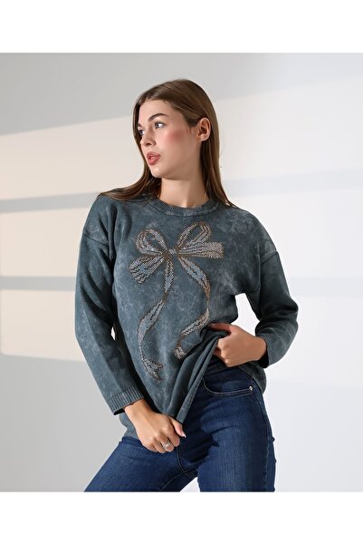 MILANOFOX Ribbon Stone Detailed Washable Long Sleeve Crew Neck Stylish Comfortable Casual Women's Dark Gray Knitwear Sweater