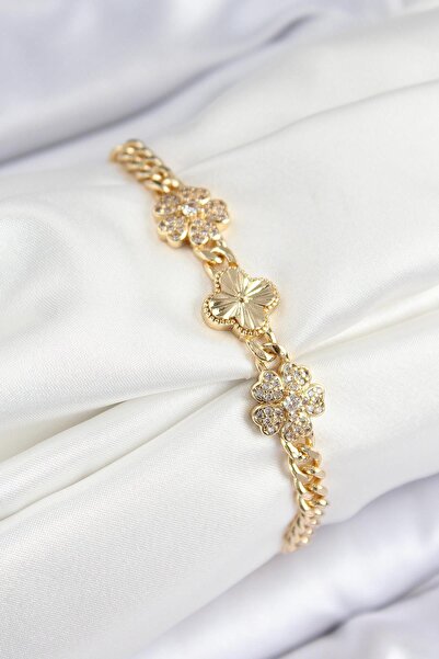 Inure Jewelry سوار نسائي من النحاس والزركون الحجري على شكل برسيم ذهبي اللون