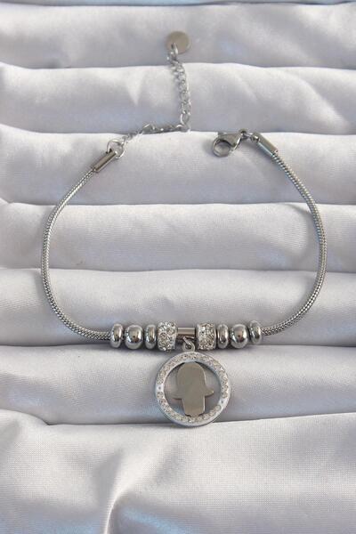 Inure Jewelry سوار يد فاطمة الأم مع إكسسوار حجر زركون فضي اللون من الفولاذ ال...